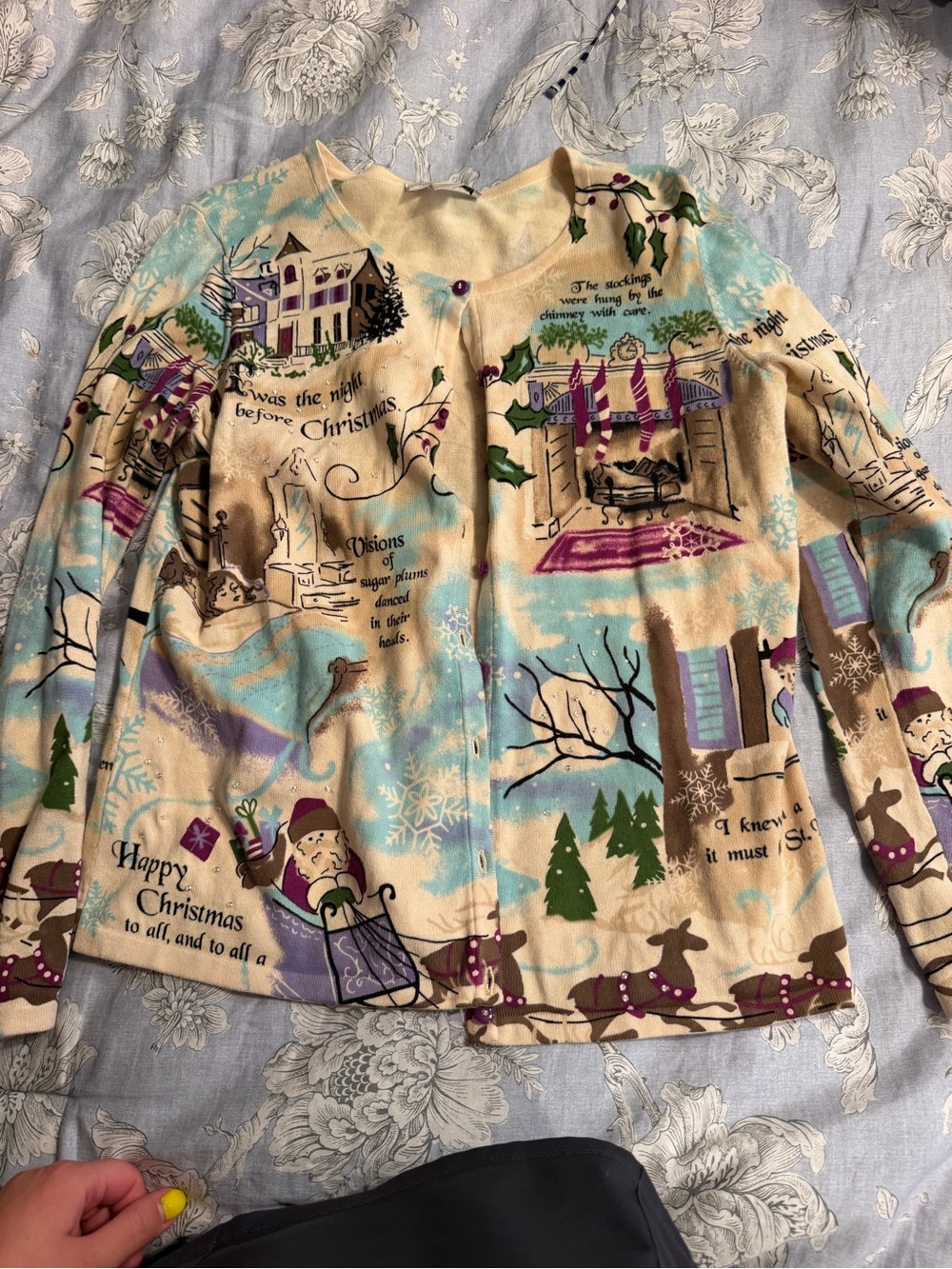 Christmas Print Button-Front Cardigan- Cream & Light Blue